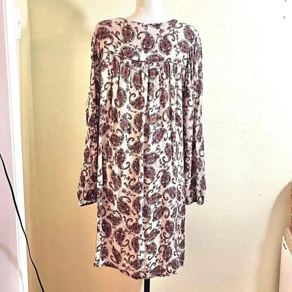Denim 24/7 Dress Size 14/16 (M) Brown Beige Paisley Rayon Crinkle Laced Bust - Picture 2 of 12